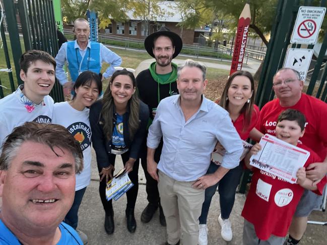 Campbelltown Labor MP Greg Warren at Bradbury Public School with Community First Totally Independent candidate Warren Morrison and Greens candidate Jayden Rivera. Picture: Supplied
