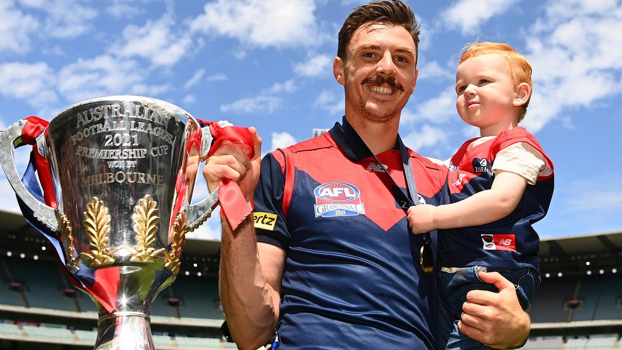 Lever with the premiership cup at the Demons’ premiership party on Sunday. Picture: Getty Images