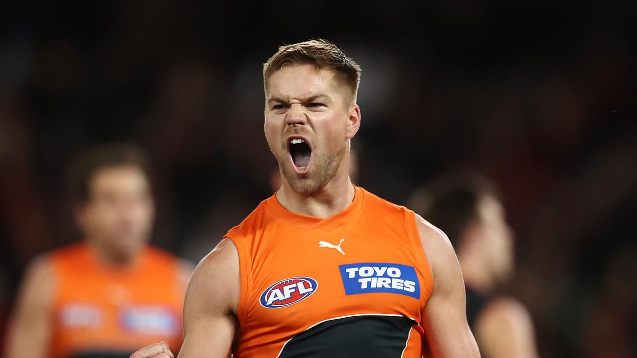 MELBOURNE . 09/04/2023. AFL . Round 4. Essendon vs Greater Western Sydney at Marvel Stadium. Harry Himmelberg of the Giants celebrates a 3rd quarter goal . Pic: Michael Klein