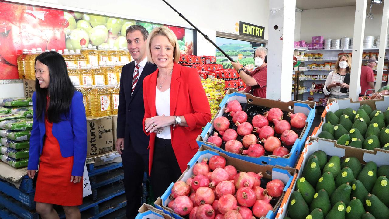 Labor's Jim Chalmers, Kristina Keneally and Sally Sitou tour a fruit and veg grocer in Homebush. Picture: Liam Kidston