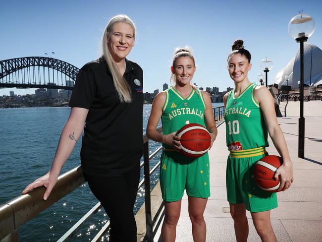 Australian basketball legend Lauren Jackson with current Opals Lauren Nicolson and Katie-Rae Ebzery. Jackson has been announced as an ambassador for the 2022 Women’s Basketball World Cup in Sydney. Picture: Richard Dobson