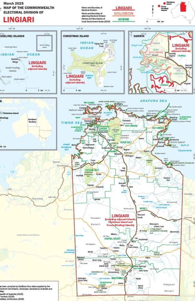 The federal seat of Lingiari after electoral boundaries were redistributed on March 4, 2025. Picture: AEC.