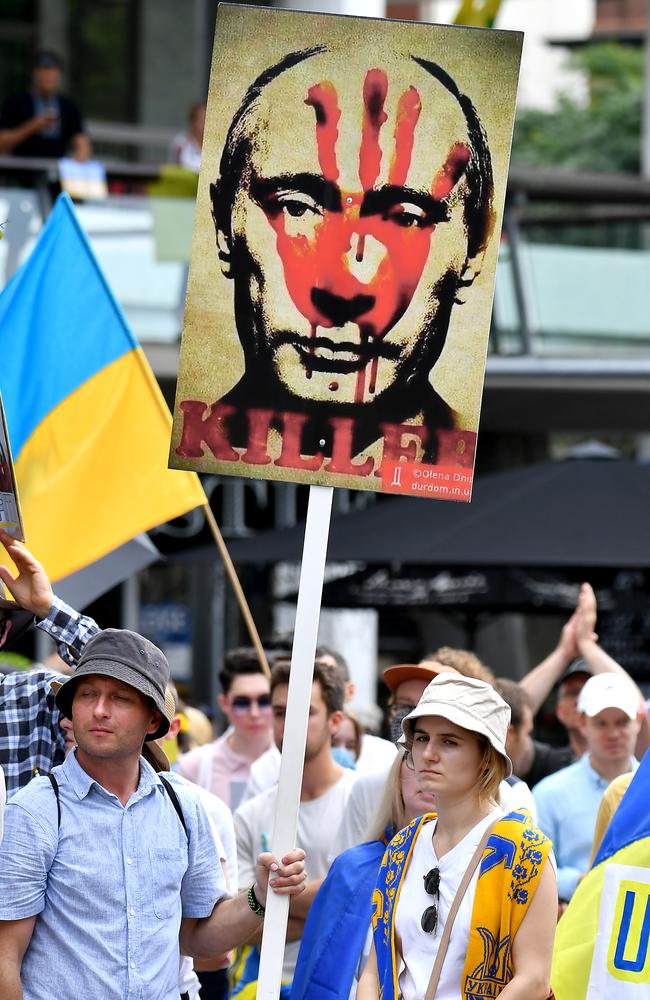 Protesters at the Brisbane Ukraine Community Rally in King George Square on Sunday. Picture: John Gass