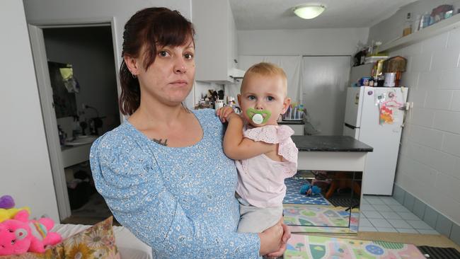 Kayla Kriton and her 18 month old daughter Mylee Manson are on the social housing waitlist. Picture: David Clark