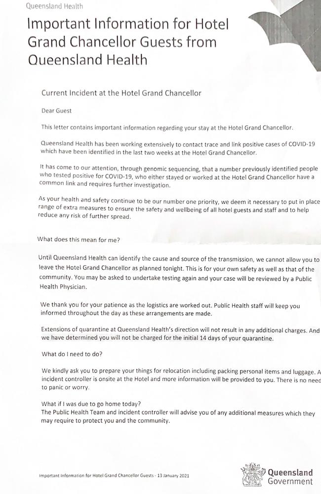 A copy of the letter sent to guests in quarantine at the Hotel grand Chancellor in Spring Hill.