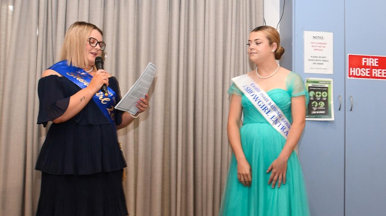 Left: 2021 Young Woman of the Year and North Coast National Showgirl Jenna Fisher interviewing Howards Grass candidate, Tegan Maluta at the East Lismore Bowling Club for the 2022 showgirl competition. Picture: Cath Piltz