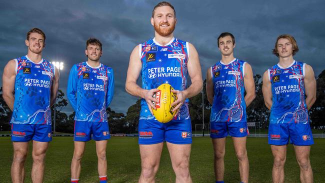 Central District's Barossa Valley-raised footballers (L &gt; R) Jez McLennan, Nick Lange, Jarrod Schiller, Luca Whitelum, and Lewis Cowham at Elizabeth Oval. Picture: Ben Clark