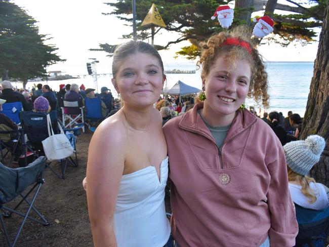 Kady and Natalie getting festive at the Phillip Island Christmas Carols by the Bay at the Cowes Foreshore on Tuesday, December 10, 2024. Picture: Jack Colantuono