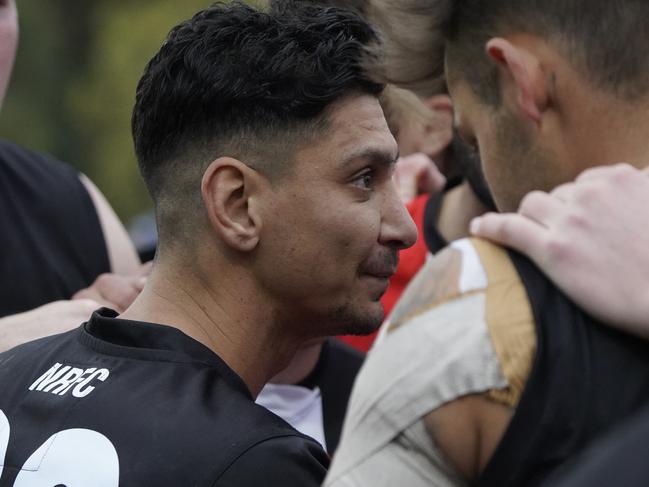 EFL Premier Division 2022: North Ringwood v Berwick at Quambee Reserve. North Ringwood coach Robin Nahas addressing players. Picture: Valeriu Campan