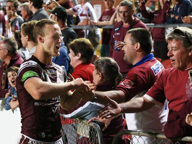 Daly Cherry-Evans of the Sea Eagles thanks the fans after the Manly Sea Eagles v Melbourne Storm NRL round 2 game at Brookvale Oval, Sydney. Picture: Mark Evans