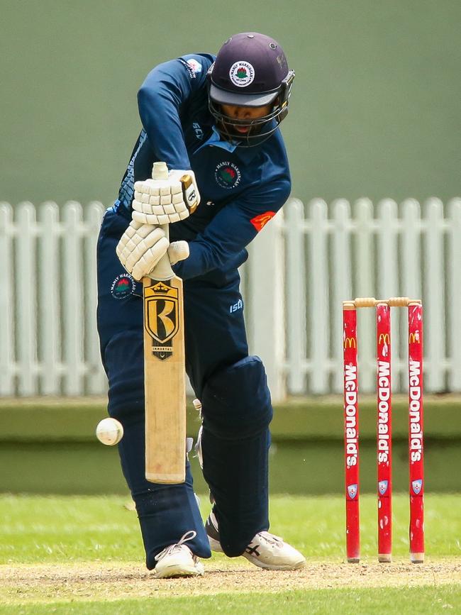 Manly’s Ahillen Beadle on the front foot. Picture: Kate Zarifeh