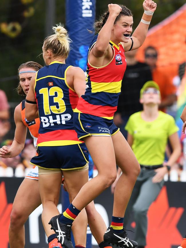 Anne Hatchard celebrates a goal during the Crows’ round six AFLW match against Greater Western Sydney Giants at Unley Oval. Picture: Mark Brake/Getty Images