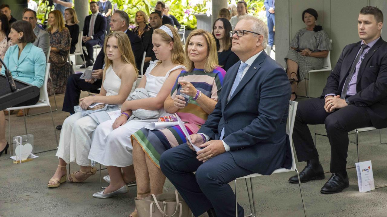 Prime Minister Scott Morrison and wife Jenny Morrison were thanked for their support. With daughters Abbey Morrison and Lily Morrison. Picture: Pool via NCA NewsWire/Jenny Evans