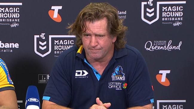 Des Hasler has unloaded on the Bunker after the Titans were denied a match winning try against the Knights. Picture: Fox League