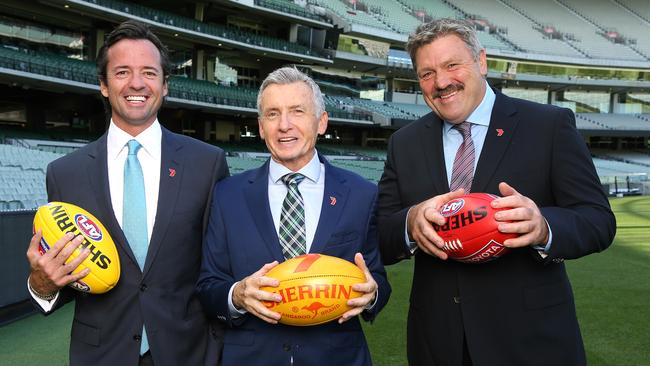 Hamish McLachlan and Bruce McAvaney never know what they’re going to get with Brian Taylor. Picture: Wayne Ludbey