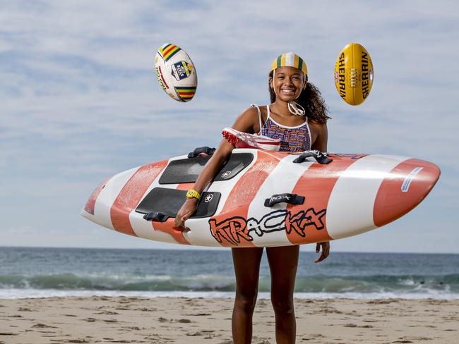 Tiki Calliste is a rising star on the Gold Coast sporting scene. She's 12 but already made state level in 7 different sports including AFL, Kayaking, Nippers, Oztag team, Touch Football, swimming and track and field.  Picture: Jerad Williams