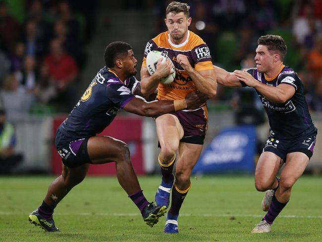 Corey Oates of the Broncos busted plenty of tackles against the Storm. Picture: Michael Dodge/Getty Images