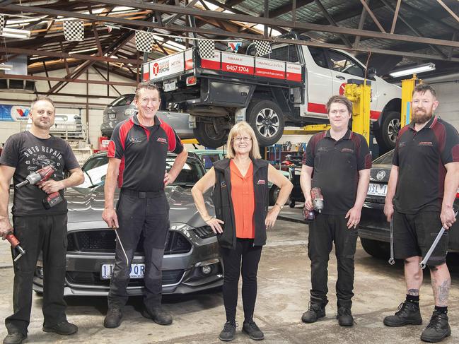 Number 3: Achille Parisi, Glenn Matthew, Christine Carroll, Carlin Ryan and Ben Mowlam of Autoclinic, Heidelberg West. Picture: Ellen Smith