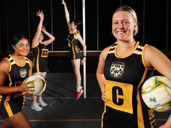 Netball players Mia Tuigamala, 16, Kaylah Pratt, 16, Mikayla White, 15, and Keely Guy, 16, pictured at St Thomas More College, Brisbane 17th of February 2021.  TheyÃre competing in the Queensland Independent Secondary Schools Netball Carnival in June 2021.  (Image/Josh Woning)