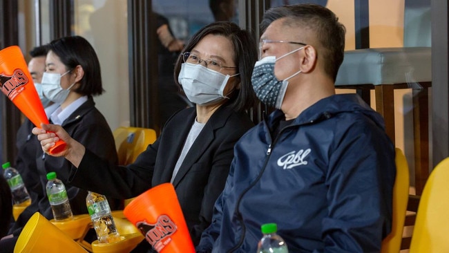 Taiwan President Tsai Ing-wen, centre, attends the opening of the country's baseball season on Saturday. Picture: Twitter