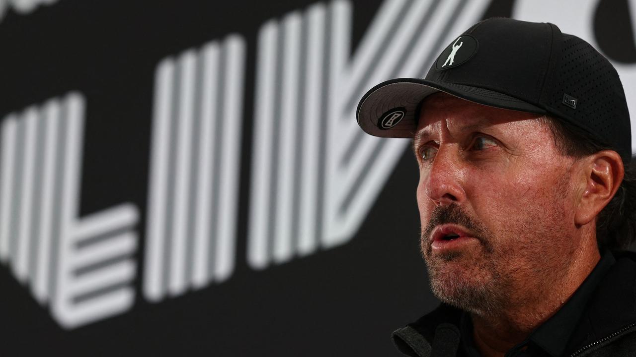 (FILES) In this file photo taken on June 8, 2022 US golf player Phil Mickelson speaks during a press conference ahead of the forthcoming LIV Golf Invitational Series event at The Centurion Club in St Albans, north of London. - Europe and the United States will lock horns at the Ryder Cup next year but the tournament could be a pale shadow of its former self after multiple defections to the rebel LIV series. Americans Phil Mickelson, Dustin Johnson, Bryson DeChambeau, Patrick Reed and Brooks Koepka will not be in the frame for selection for the US team at the event at the Marco Simone Golf and Country Club in Rome. The US PGA Tour swiftly suspended its defectors last month, effectively ruling them out of competing in the biennial team competition because they will not be able to earn the points to qualify. (Photo by Adrian DENNIS / AFP)