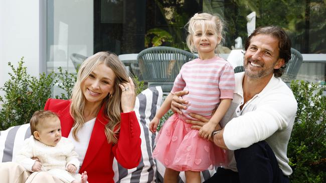 Anna and Tim Robards at home in Sydney with their two young daughters Ruby and Elle. Picture: Jonathan Ng