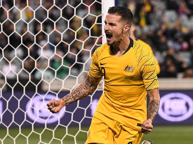 Jamie Maclaren of Australia celebrates after scoring his third goal during the FIFA World Cup Asian Qualifiers match between the Australian Socceroos and Nepal at GIO Stadium in Canberra, Thursday, October 10, 2019. (AAP Image/James Gourley) NO ARCHIVING, EDITORIAL USE ONLY.