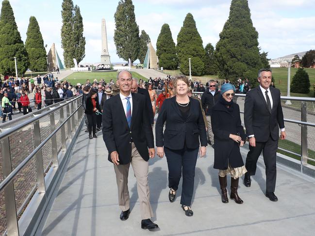 (L-R) Minister Guy Barnett, Hobart Lord Mayor Anna Reynolds, Her Excellency Governor of Tasmania Professor Kate Warner and Darren Chester Federal Minister for Veteran Affairs the first people to walk across at the opening of the Bridge of Remembrance at Hobart's Cenotaph. Picture: LUKE BOWDEN