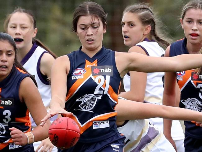 Georgia Patrikios of the Cannons kicks out of defence during the NAB League girls football match between Calder Cannons and the Murray Bushrangers played at Highgate Recreation Resever in Craigieburn on Saturday 6 April, 2019.