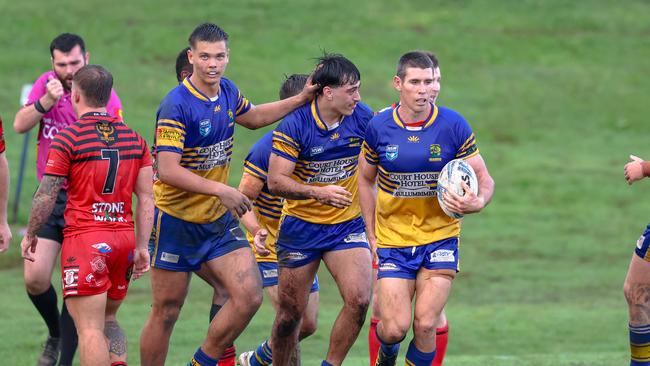 Mullumbimby celebrate Cody Nelson’s try. Picture: DC Sports Photography