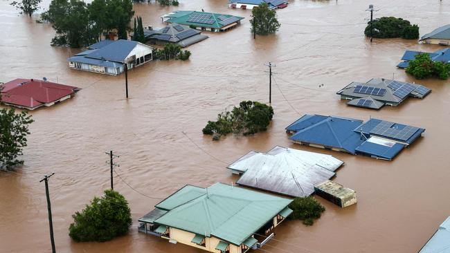 A handout photo taken on February 28 shows an aerial view of flooded buildings in the northern New South Wales city of Lismore from an Australian Army helicopter. Picture: Bradley Richardson/ADF/AFP.