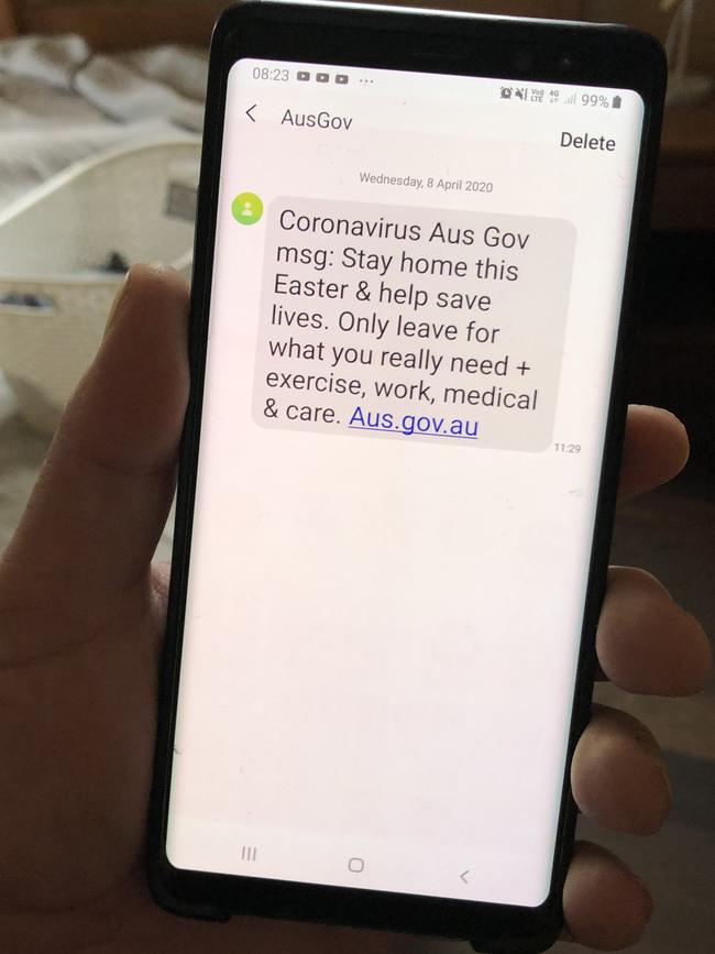 The text sent by the Federal Government to Australia's mobile phone users this week, reminding them to stay home over Easter and avoid unnecesary travel.