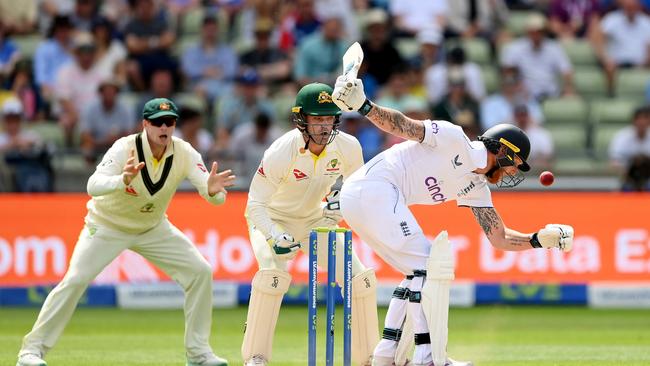 Ben Stokes reacts to a ball that keeps low from Nathan Lyon. Picture: Getty