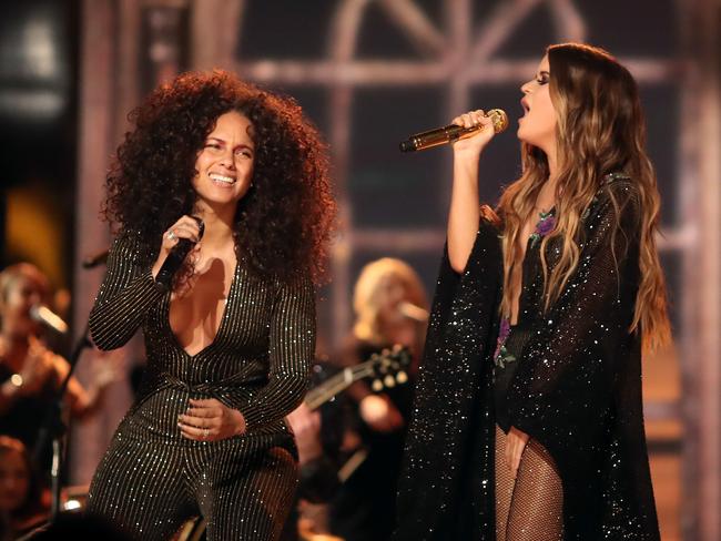 Alicia Keys and Maren Morris during The 59th GRAMMY Awards at STAPLES Center on February 12, 2017 in Los Angeles, California. Picture: Getty