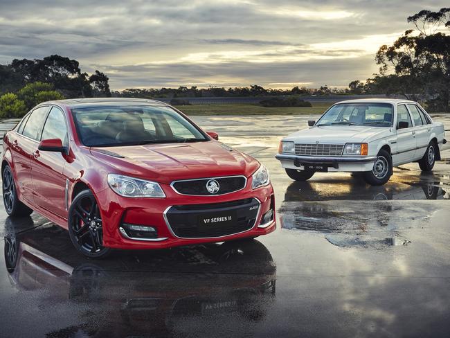 The latest VFII Commodore and the original VB Commodore from 1978. Commodores and the Holden Cruze small car are built at Holden’s Elizabeth plant in South Australia, for now. Picture: Supplied