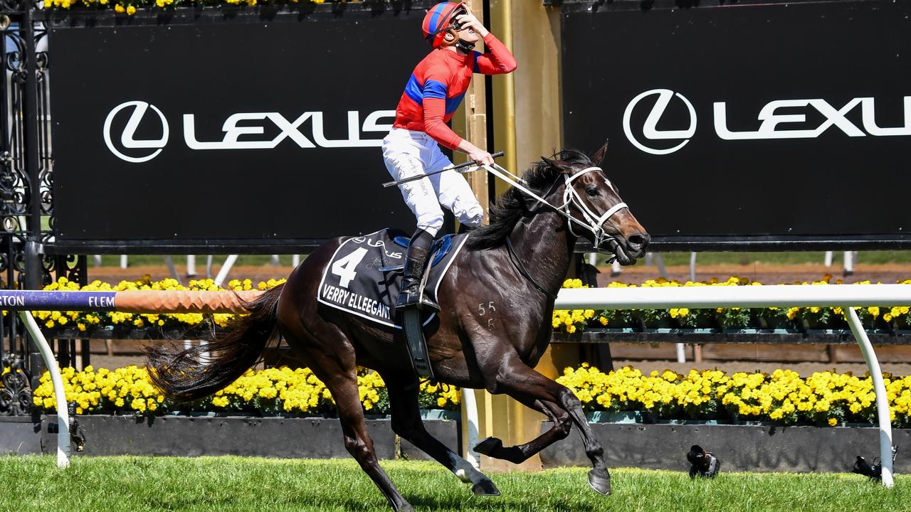 Verry Elleegant races away with the Melbourne Cup. Picture: Pat Scala–Racing Photos via Getty Images