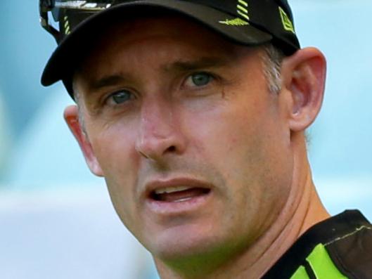 Michael Clarke catches up with Mike Hussey during a practise T20 match between the Sydney Thunder v ACT X1 at ANZ Stadium, Homebush.Picture Gregg Porteous