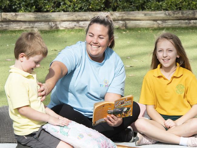 SYDNEY, AUSTRALIA, Daily Telegraph, Friday, 14 October 2022Georgia Weeks 9yrs Deanna Sherry area manager for Their Care and Tyrer Okeeffe 5 photographed at Their Care, Engadine West Public School. Before and after school carers being set to get trained up into helping teachers with classroom and school playground duties across the state.NSW Picture:  Daily Telegraph / Monique Harmer