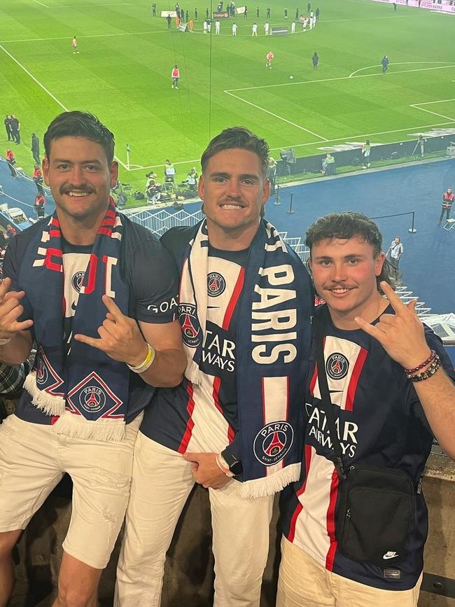 Liam Hampson (R) attends a PSG football match in Paris alongside AJ Brimson (M). Pic: Instagram