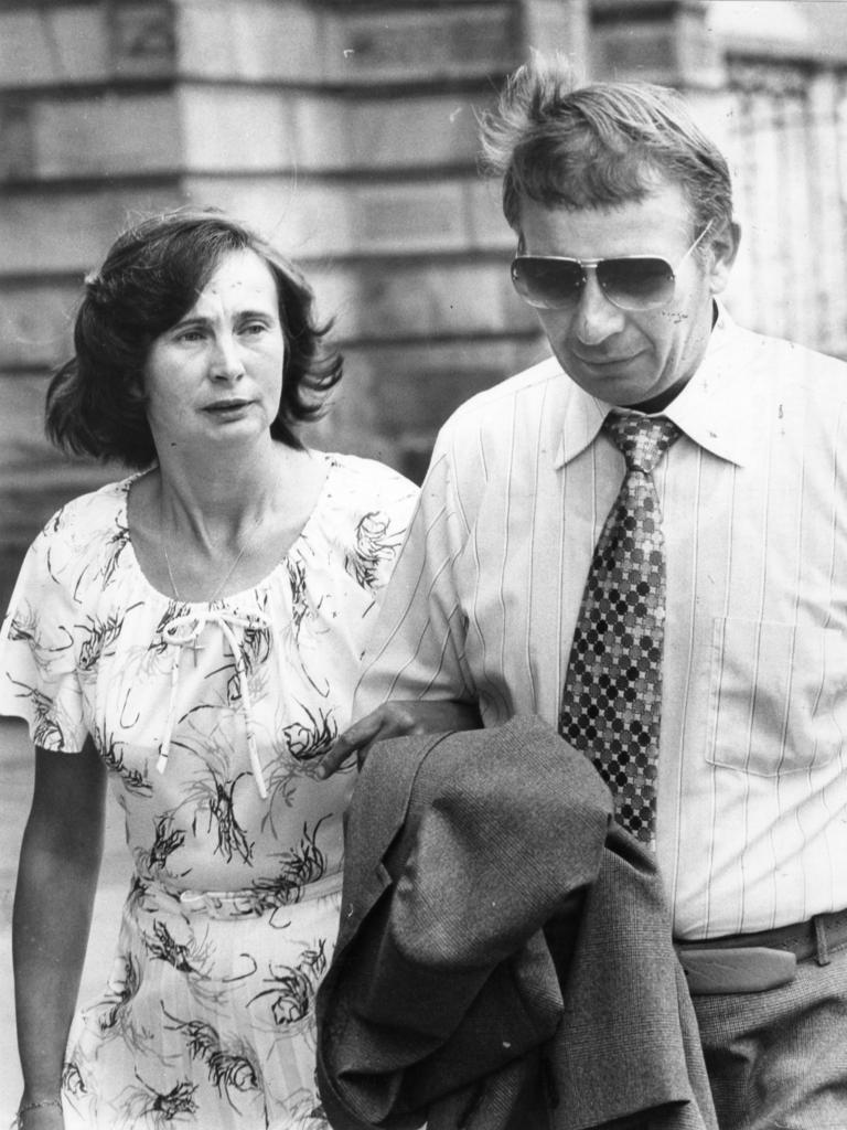 Margarethe and Andreas Pittmann, parents of Sylvia Pittmann, leave court after Mrs Pittmann gave evidence on February 21, 1980.