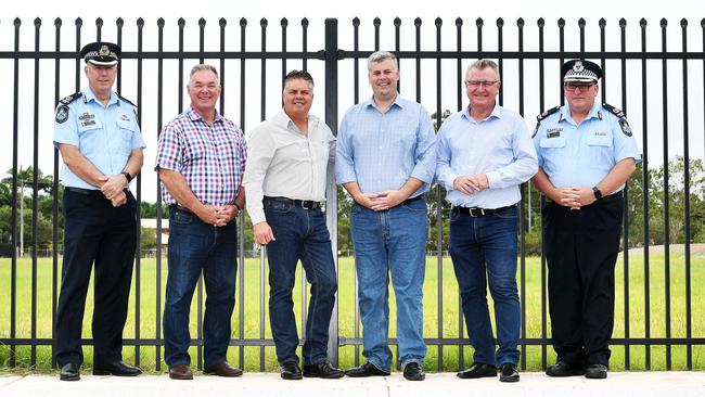 Acting Assistant Commissioner for the Northern Police Region, Chris Hodgman, Scott Stewart MP, Aaron Harper MP, Minister for Police and Community Safety, Mark Ryan MP, Les Walker MP and Acting Assistant Commissioner for Youth Crime, Andrew Massingham inspect the site for the Kirwan Police Complex. Picture: Shae Beplate.