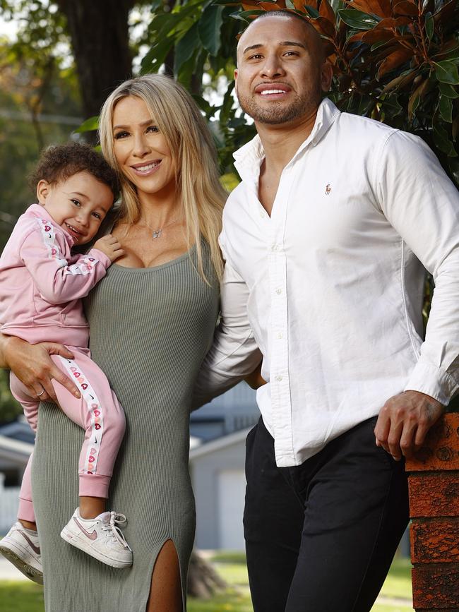 Former NRL player Jamil Hopoate and his partner Shea Beathe with daughter Lisa. Picture: Richard Dobson