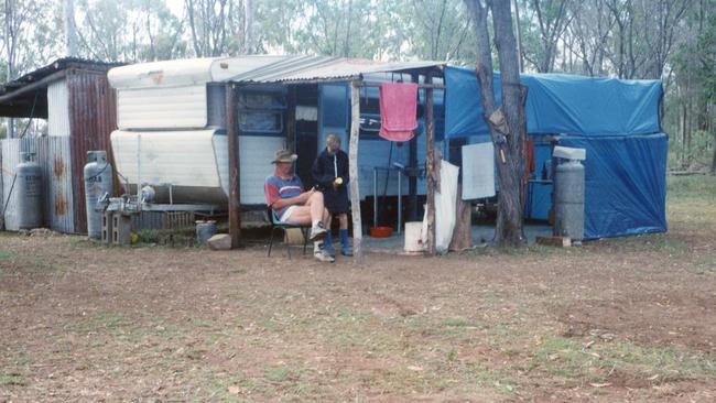 Ian “Cowboy” Keighran and Daniel Keighran at the make-shift camp on their property in Lowmead, near Bundaberg.