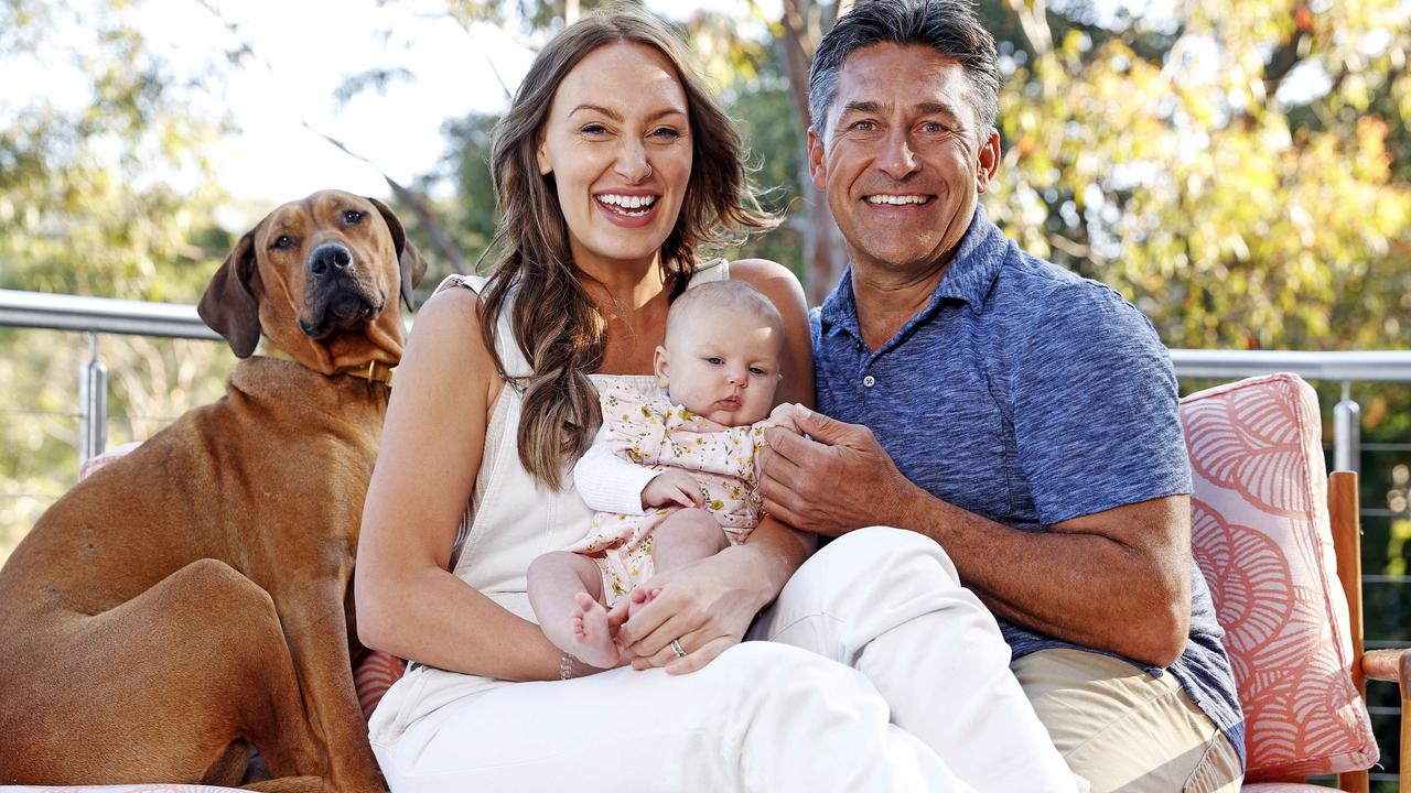 Jamie Durie and Ameka Jane with their 3-month-old daughter, and dog Luna in 2021. Picture: Tim Hunter.