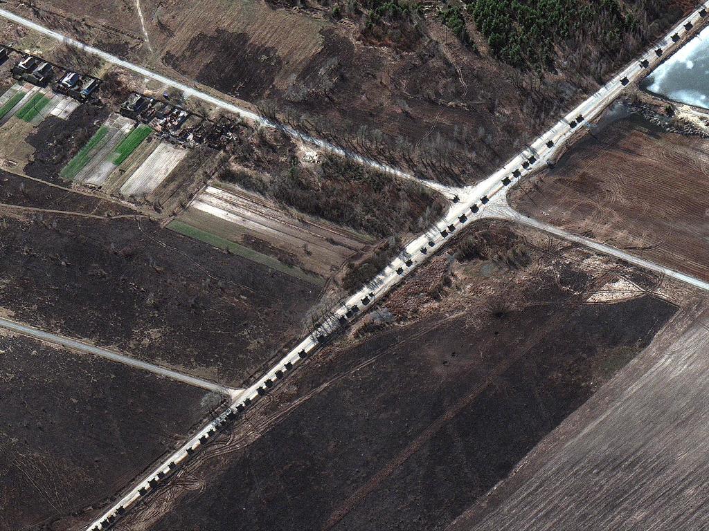 A Russian military convoy along a highway, north of Ivankiv, Ukraine. Picture: Maxar Technologies/AFP