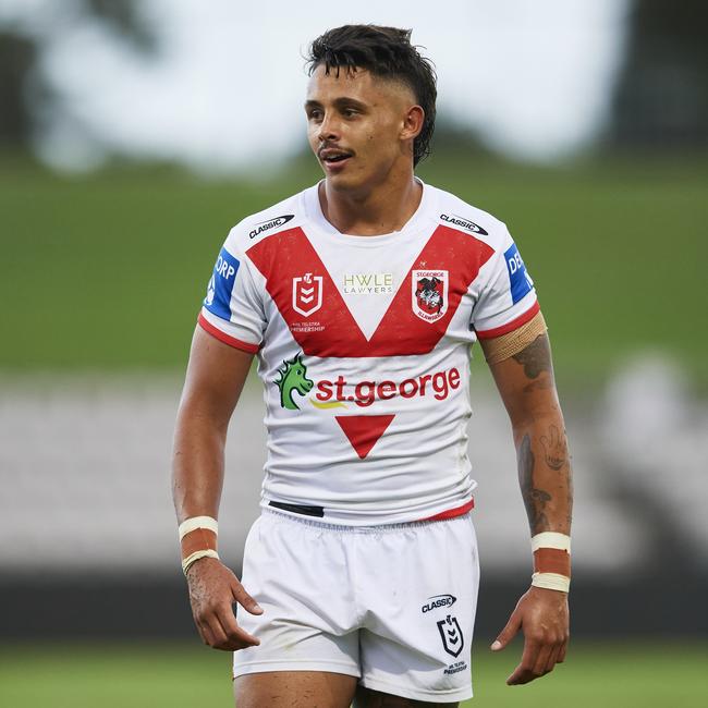 Jayden Sullivan looks to be behind Amone in the battle to play five-eighth at the Dragons. Picture: Brett Hemmings/Getty Images