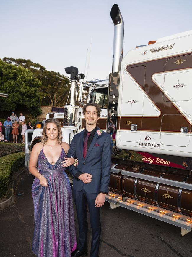 Jade Morton and Jack Kemp arrive at Harristown State High School formal at Highfields Cultural Centre, Friday, November 18, 2022. Picture: Kevin Farmer