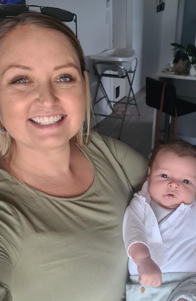 Amy Puddy, 32, with baby Nate Andersen who was born at Mackay Base Hospital on March 23, 2021. Ms Puddy says her artery was cut during a caesarean. Picture: Contributed