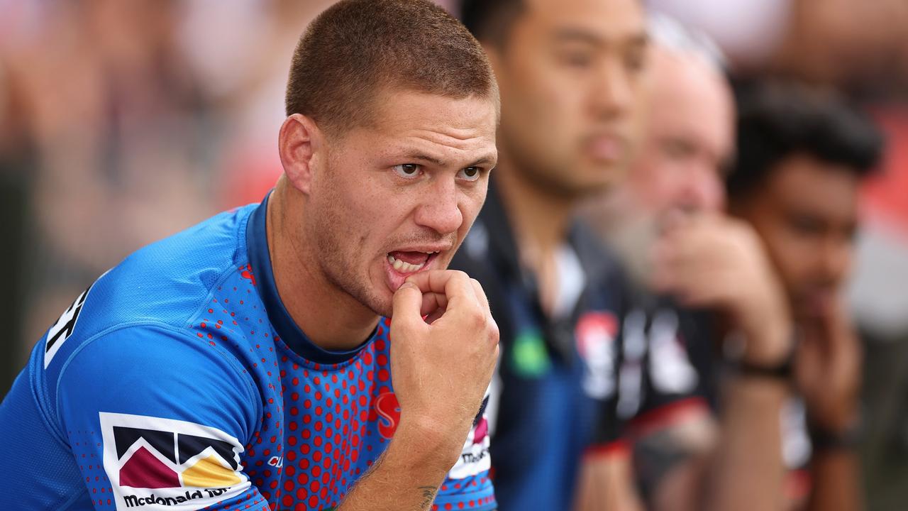 Kalyn Ponga watches from the bench after being knocked out early in Newcastle’s round 2 clash with Wests Tigers at Leichhardt Oval. Picture: Getty Images