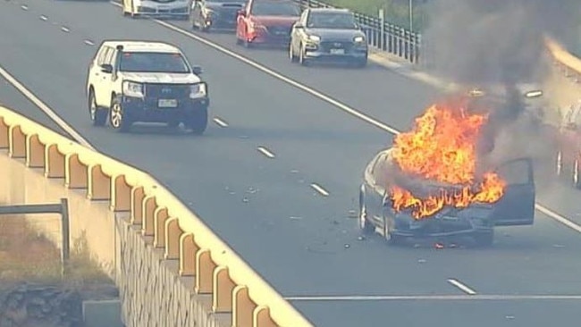 Car fire closes Peninsula Link to city bound traffic at Frankston-Dandenong Road. Picture: Facebook